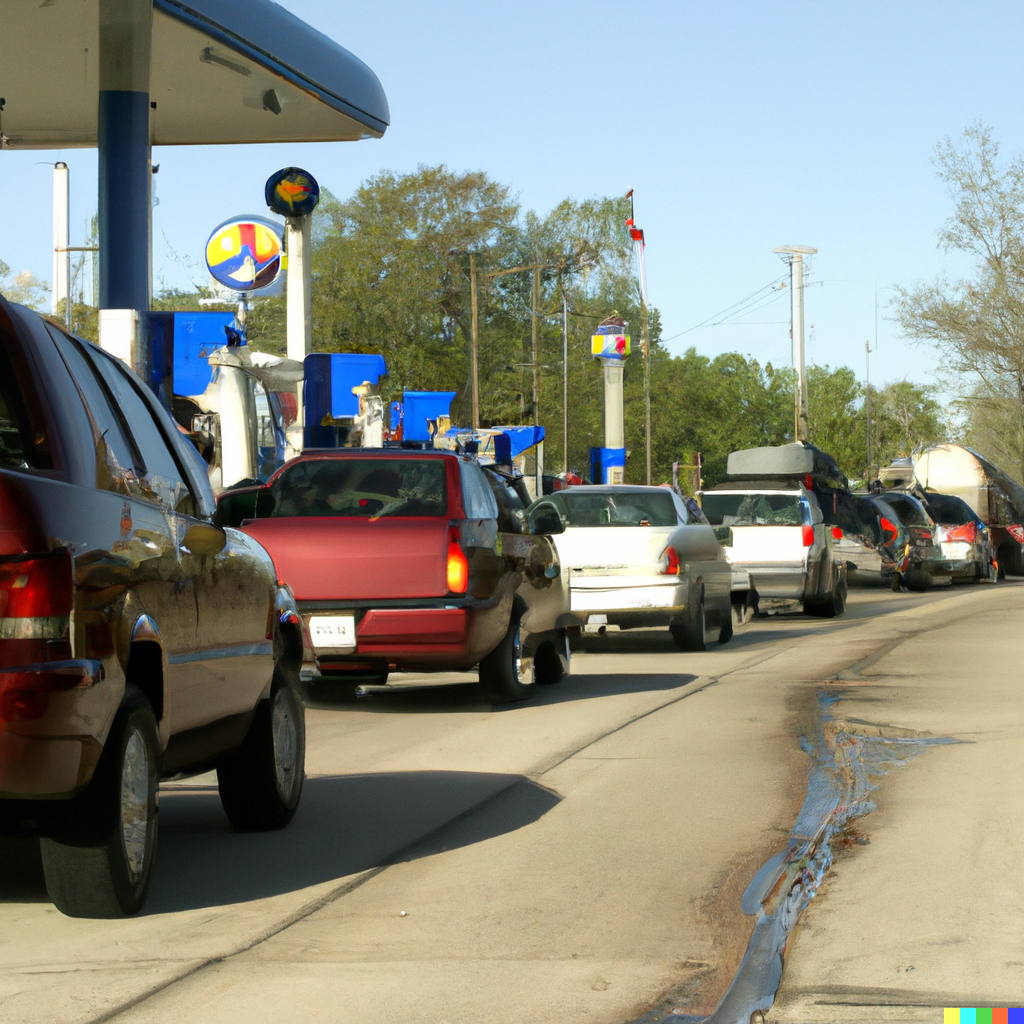 OT Cyber Security Long Line of Cars in Front of a Gas Station by DALL-E & Jesus Molina
